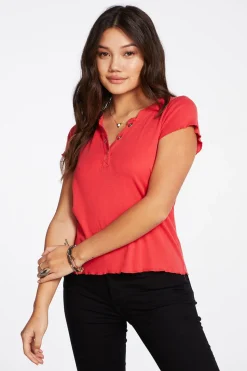 Chaser Brand Baby Rib Short Sleeve Cropped Henley Tee Outlet