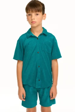 Chaser Brand Boy's Lake Green Terry Cloth Button Down Collared Shirt Store
