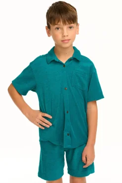 Chaser Brand Boy's Lake Green Terry Cloth Button Down Collared Shirt Store