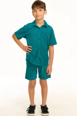 Chaser Brand Boy's Lake Green Terry Cloth Button Down Collared Shirt Store