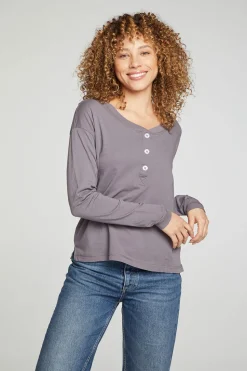 Chaser Brand Cropped Boxy Long Sleeve Henley With Side Slits New