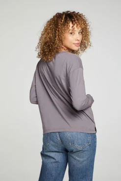 Chaser Brand Cropped Boxy Long Sleeve Henley With Side Slits New