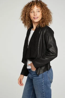 Chaser Brand Faux Suede Shearling Reversible Long Sleeve Waterfall Neck Jacket New