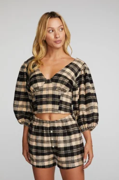 Chaser Brand Flannel Puff Sleeve Cropped Blouse Clearance