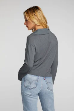 Chaser Brand Gauze Jersey Cropped Polo With Distressed Detail Long Sleeve Store