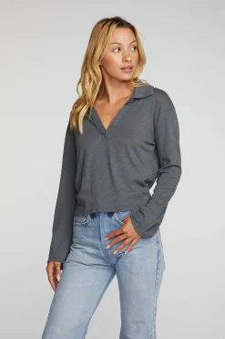Chaser Brand Gauze Jersey Cropped Polo With Distressed Detail Long Sleeve Store
