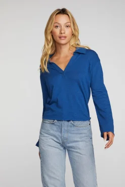 Chaser Brand Gauze Jersey Cropped Polo With Distressed Detail Long Sleeve Cheap