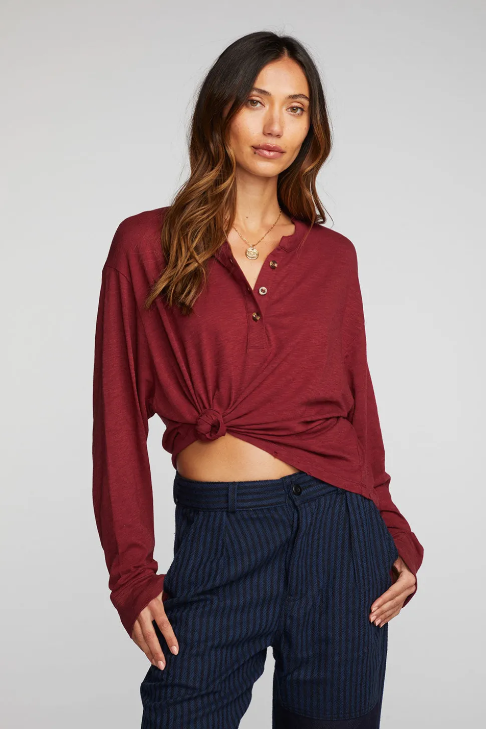 Chaser Brand Gauze Jersey Long Sleeve Henley With Deconstructed Bottom Hem Store