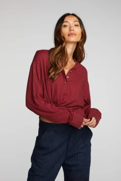 Chaser Brand Gauze Jersey Long Sleeve Henley With Deconstructed Bottom Hem Store