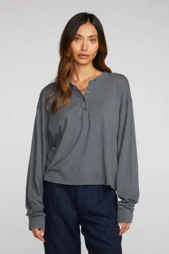 Chaser Brand Gauze Jersey Long Sleeve Henley With Deconstructed Bottom Hem Sale