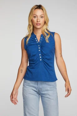 Chaser Brand Gauze Jersey Snap Down Tank With Shirring Fashion