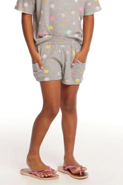 Chaser Brand Jade Embroidered Flowers Waffle Knit Girls Short Clearance