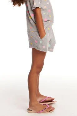 Chaser Brand Jade Embroidered Flowers Waffle Knit Girls Short Clearance