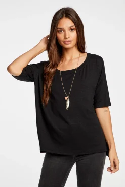 Chaser Brand Linen Jersey Cropped Short Sleeve Boxy Hi Lo Tee Cheap