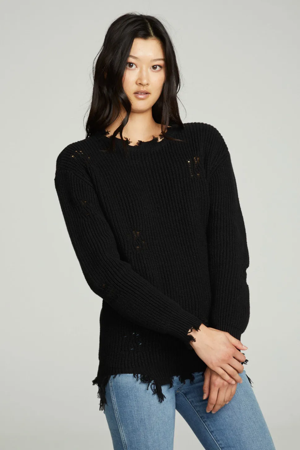 Chaser Brand Long Sleeve Crew Neck Deconstructed Sweater Pullover Fashion