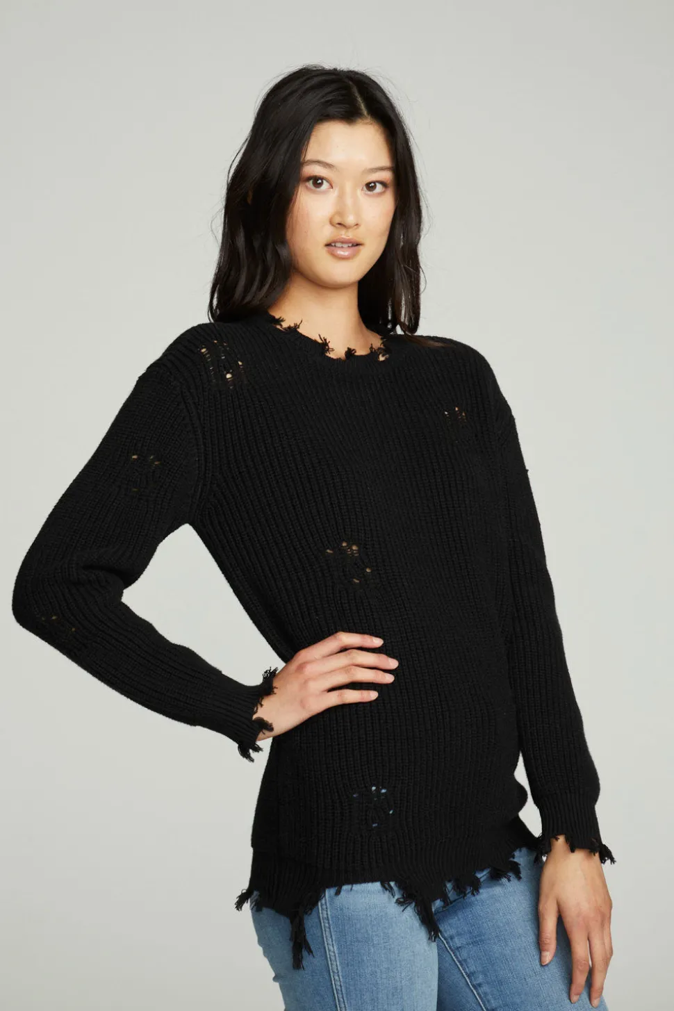Chaser Brand Long Sleeve Crew Neck Deconstructed Sweater Pullover Fashion