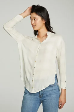 Chaser Brand Long Sleeve Drop Shoulder Hi Lo Button Down Shirttail Tunic Outlet