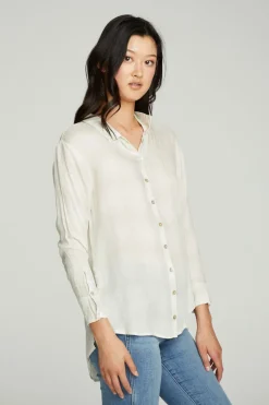 Chaser Brand Long Sleeve Drop Shoulder Hi Lo Button Down Shirttail Tunic Outlet