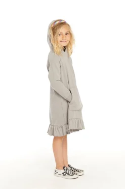 Chaser Brand Long Sleeve Gravel Grey Hooded Ruffle Hem Dress Outlet