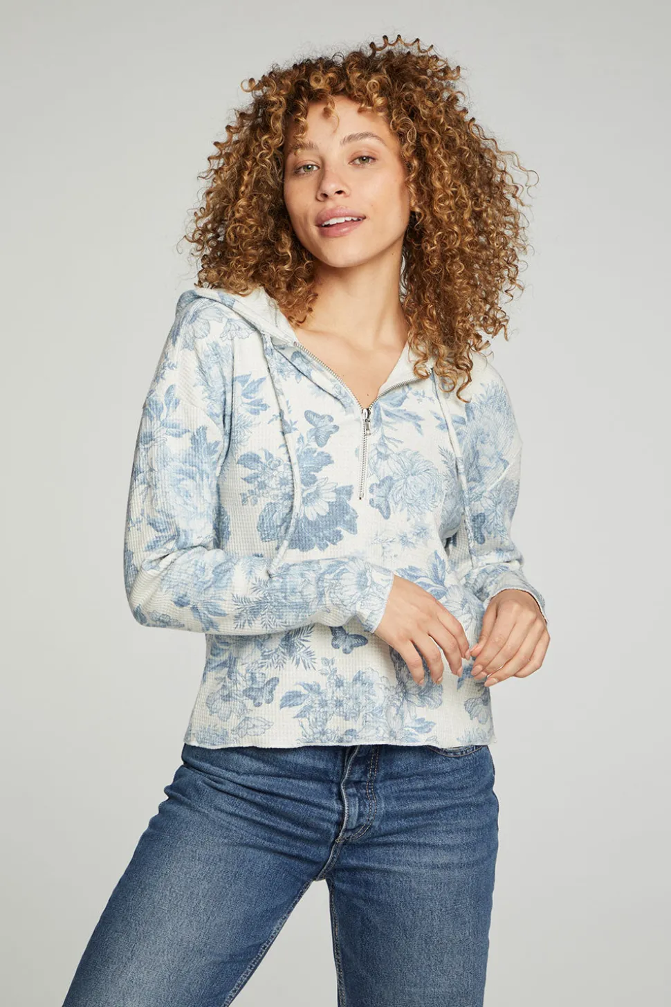 Chaser Brand Long Sleeve Semi Cropped Zip Front Hoodie Best Sale