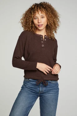 Chaser Brand Long Sleeve Snap Henley Drawstring Waist Tee New