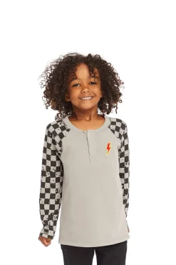 Chaser Brand Long Sleeve Splatter Checker Raglan Button Up Henley Fashion