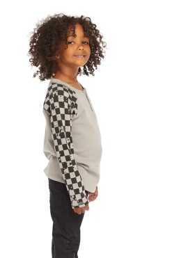Chaser Brand Long Sleeve Splatter Checker Raglan Button Up Henley Fashion