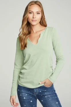 Chaser Brand Long Sleeve Split Neck Rouched Side Tee Hot