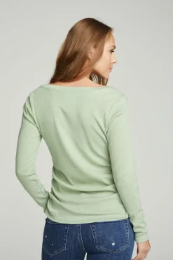 Chaser Brand Long Sleeve Split Neck Rouched Side Tee Hot