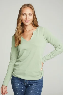 Chaser Brand Long Sleeve Split Neck Rouched Side Tee Hot