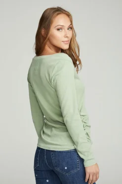Chaser Brand Long Sleeve Split Neck Rouched Side Tee Hot