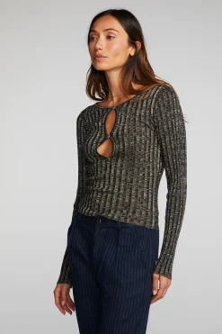 Chaser Brand Lurex Rib Knit Long Sleeve Top With Open Keyhole Online