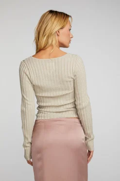 Chaser Brand Lurex Rib Knit Long Sleeve Top With Open Keyhole Outlet