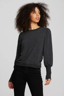 Chaser Brand Recycled Bliss Knit Crewneck Pullover With Rib And Puff Sleeve Cheap