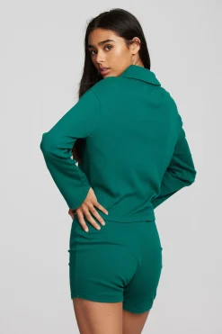 Chaser Brand Recycled Vintage Rib Cropped Polo With Distressed Detail Long Sleeve Cheap
