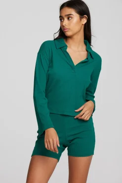 Chaser Brand Recycled Vintage Rib Cropped Polo With Distressed Detail Long Sleeve Cheap