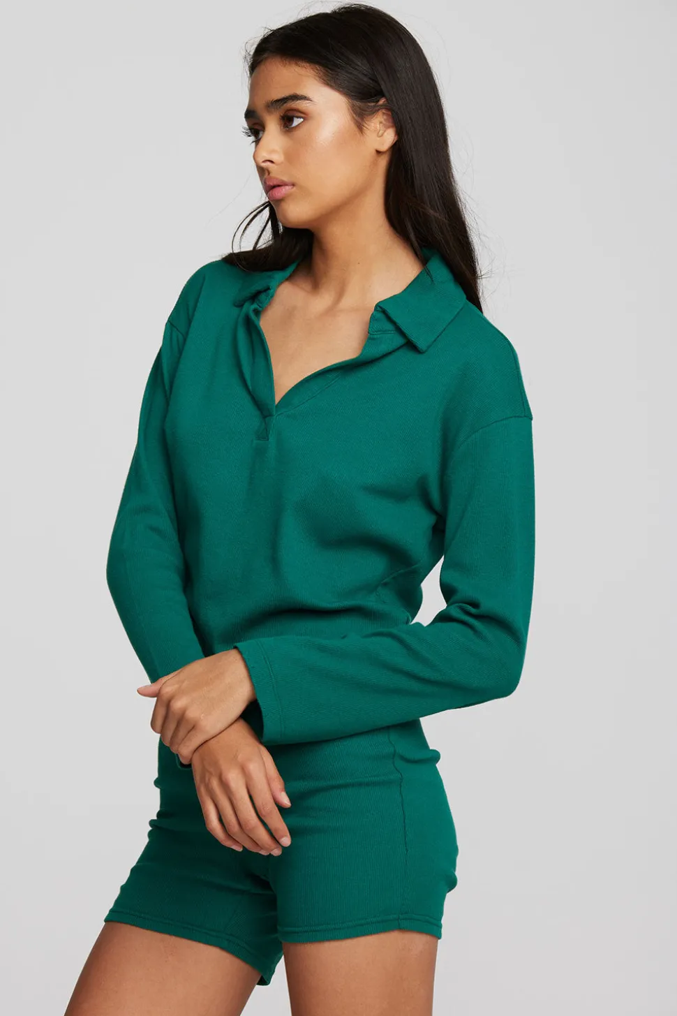 Chaser Brand Recycled Vintage Rib Cropped Polo With Distressed Detail Long Sleeve Cheap