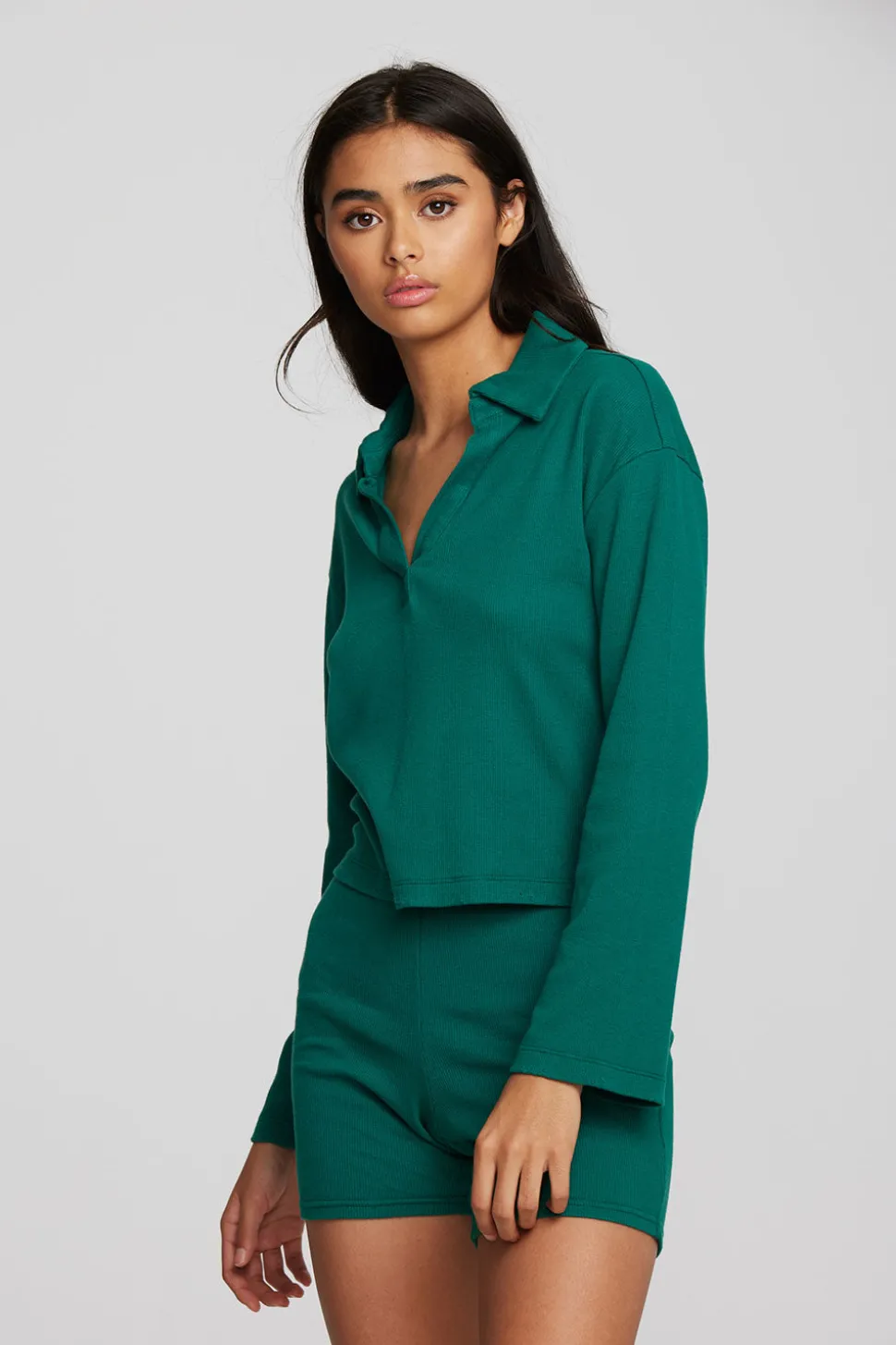 Chaser Brand Recycled Vintage Rib Cropped Polo With Distressed Detail Long Sleeve Cheap
