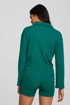 Chaser Brand Recycled Vintage Rib Cropped Polo With Distressed Detail Long Sleeve Cheap