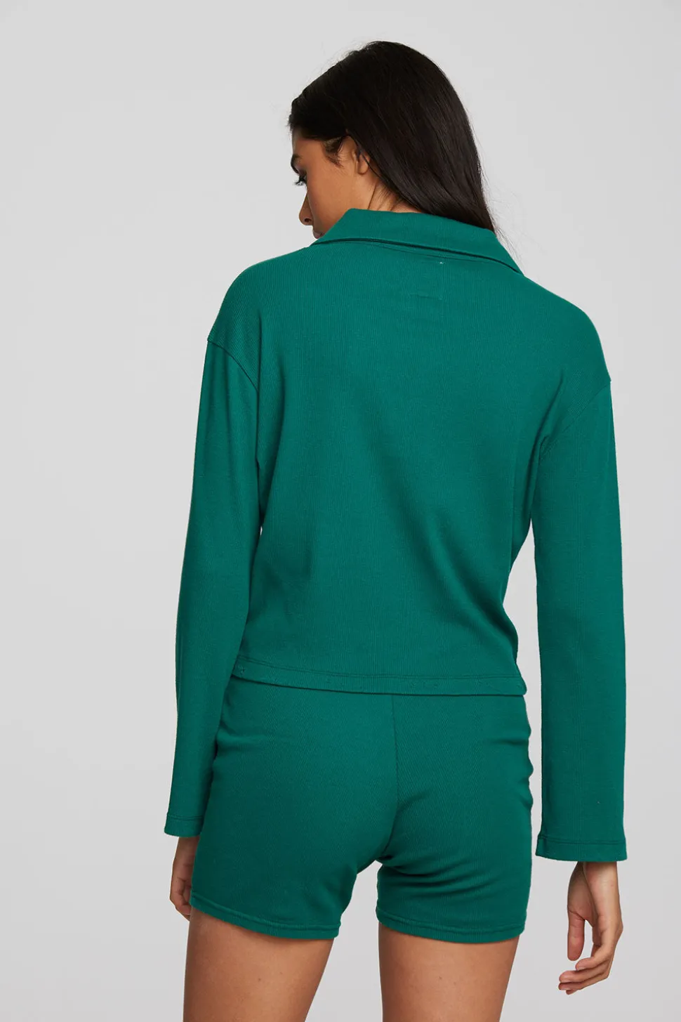 Chaser Brand Recycled Vintage Rib Cropped Polo With Distressed Detail Long Sleeve Cheap