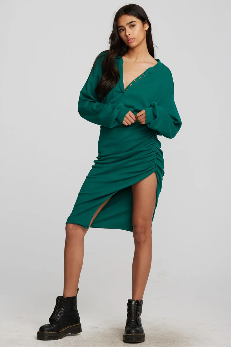 Chaser Brand Recycled Vintage Rib Midi Dress With Shirring And Side Slit Cheap