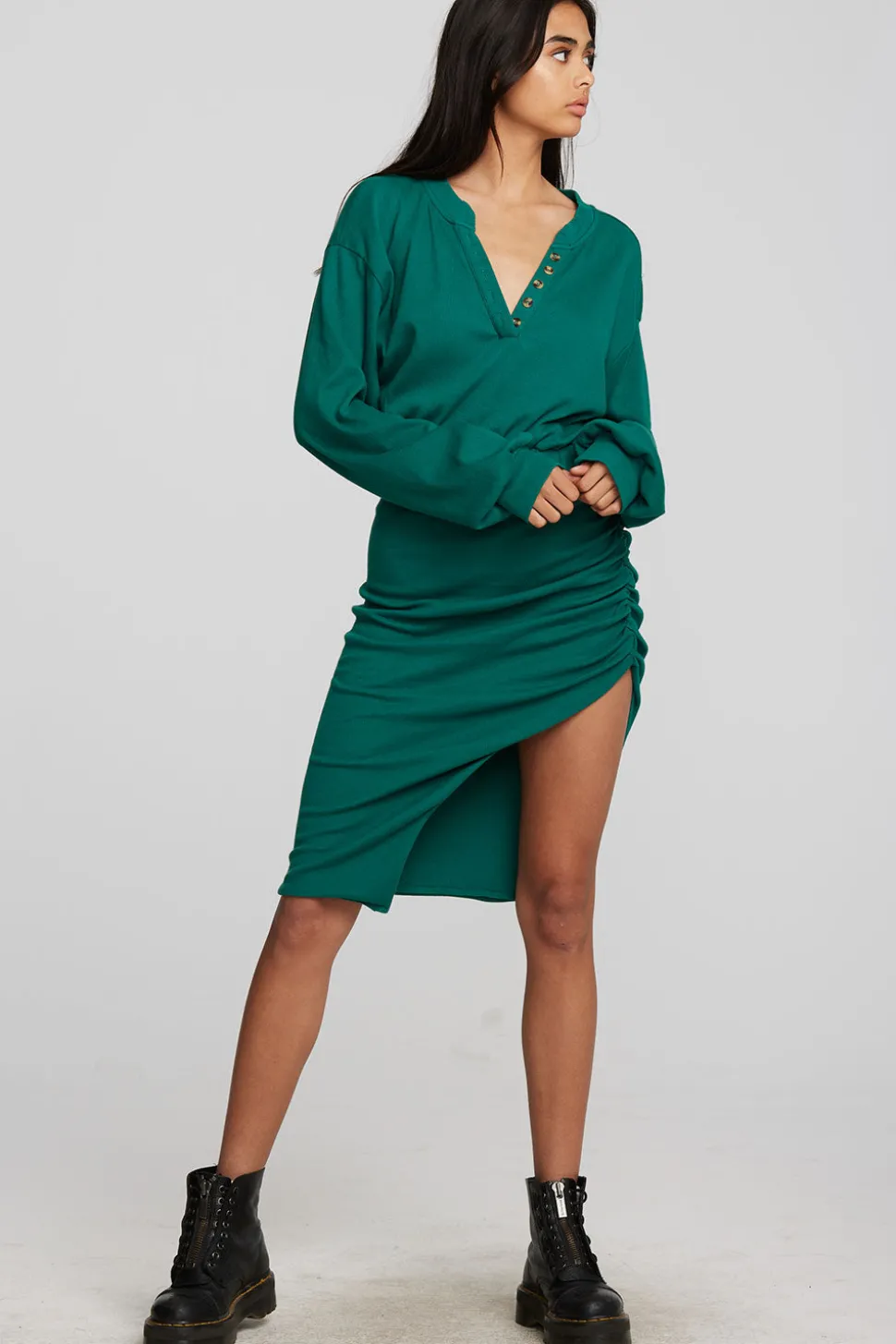 Chaser Brand Recycled Vintage Rib Midi Dress With Shirring And Side Slit Cheap