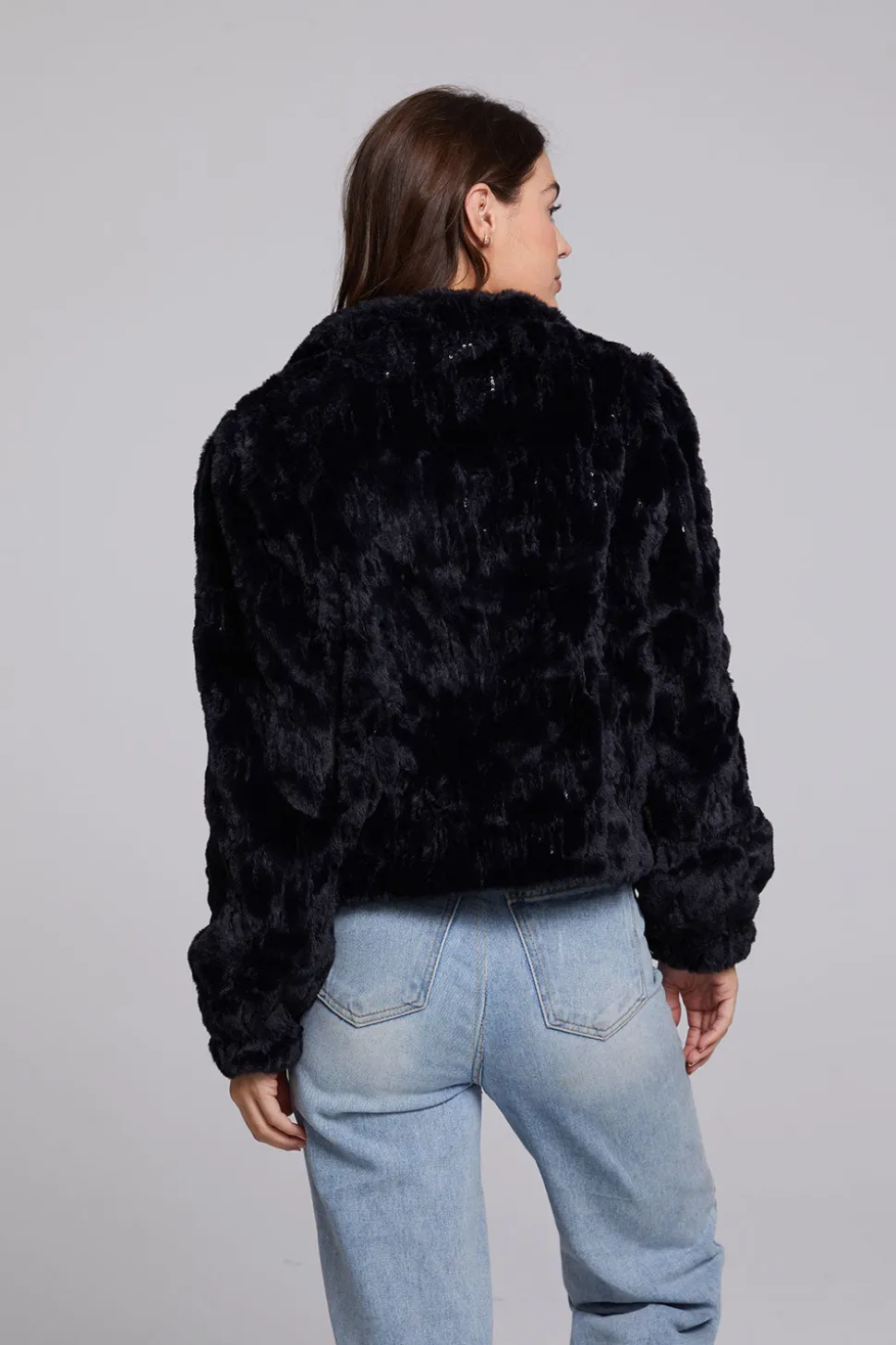 Chaser Brand Sequin Faux Fur Puff Sleeve Jacket Clearance