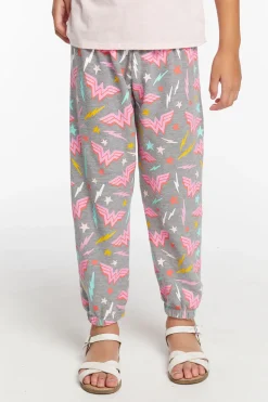 Chaser Brand Wonder Woman All Over Logo Girls Cozy Knit Sweatpant Fashion