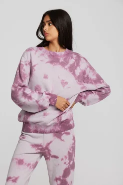Chaser Brand Zuma Cotton Terry Crewneck Pullover With Distressed Detail Long Sleeve Cheap